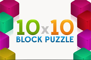 Cubi colorati ai bordi con scritta centrale 10x10 BLOCK PUZZLE su sfondo bianco