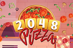 Scritta 2048 Pizza davanti a una pizza con pomodori e verdure su sfondo rosa a mattonelle