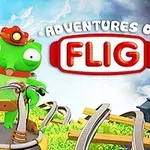 Rana cartone animato in bicicletta con casco a tema Adventures of Flig su sfondo di paesaggio fantastico