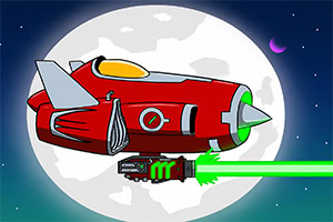 Astronave rossa in stile cartoon con propulsori verdi davanti alla luna piena nello spazio