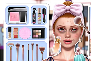 Ragazza con fascia rosa e maschera facciale, circondata da cosmetici, pennelli e palette per il trucco