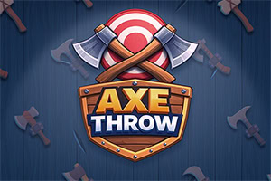 Logo Axe Throw con due asce incrociate e bersaglio rosso su sfondo blu scuro con sagome di asce