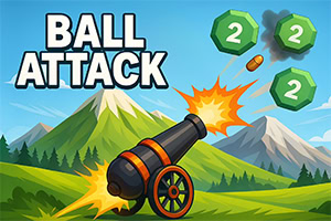 Cannone che spara una palla verso cubi verdi numerati 2 tra montagne e foreste, con scritta BALL ATTACK