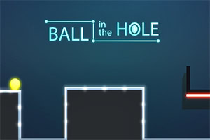 Una palla gialla in un gioco a ostacoli luminosi con il titolo BALL in the HOLE su sfondo blu scuro