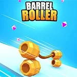 Logo di Barrel Roller con sfondo blu e barili dorati su una rampa inclinata, circondati da gemme rosa luminose