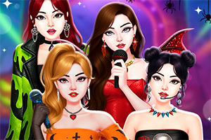 Quattro ragazze stilizzate in abiti glamour a tema Halloween con microfoni su sfondo viola colorato
