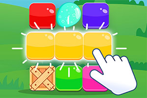 Illustrazione di un gioco di abbinamento con blocchi colorati e un dito che clicca, su sfondo di paesaggio verde