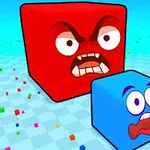 Cubi animati con espressioni facciali, uno rosso arrabbiato e uno blu spaventato su sfondo a scacchiera con coriandoli colorati