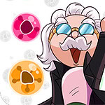 Brain Master Game for Genius Un personaggio con capelli bianchi e occhiali da sole alza un dito verso lalto, circondato da bolle colorate rosa, arancioni e blu