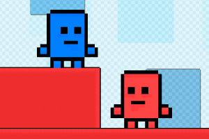 Personaggi pixelati blu e rosso in un videogioco di piattaforma