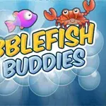 Logo del gioco Bubblefish Buddies con un pesce rosa, un pesce arancione e un granchio su uno sfondo di bolle acquatiche