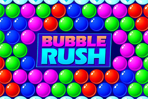 Bolle colorate lucide circondano un riquadro centrale blu con la scritta BUBBLE RUSH