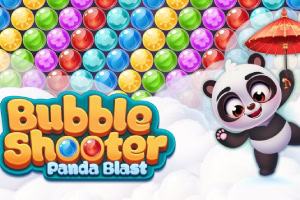 Screenshot di un gioco chiamato Bubble Shooter Panda Blast con un panda, bolle colorate e unombrello