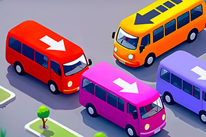 Illustrazione di autobus colorati in stile cartone animato con frecce sul tetto