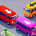 Illustrazione di autobus colorati in stile cartone animato con frecce sul tetto