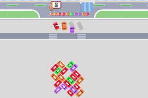 Autobus retrò e auto colorate in un videogioco di guida in stile pixel art