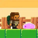 Pixel art di un uomo con zaino e barba che cammina vicino a un mostro rosa in un ambiente di gioco