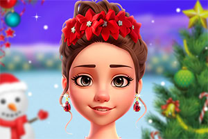 Ragazza sorridente con corona di stelle rosse tra capelli raccolti, davanti a un paesaggio natalizio innevato con pupazzo di neve e albero decorato