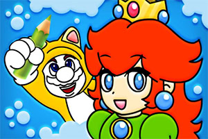 Principessa cartoon dai capelli rossi con corona accanto a un personaggio gatto giallo con matita su sfondo blu con bolle
