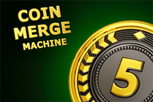 Scritta COIN MERGE MACHINE accanto a una grande moneta dorata con il numero 5 su sfondo verde scuro