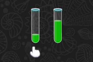 Due provette contenenti liquido verde su sfondo scuro decorato con motivi di DNA