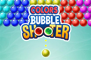 Logo colorato Colors Bubble Shooter al centro, circondato da bolle lucide rosse, blu, verdi e viola su sfondo turchese