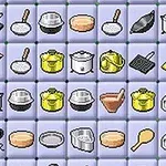 Illustrazione di varie pentole e utensili da cucina in stile pixel art su sfondo a griglia