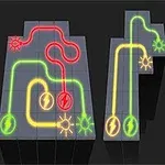 Lettere AI stilizzate con circuiti e simboli di energia su sfondo nero