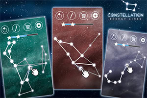 Carte di costellazioni con simboli astrologici e stelle collegate, su sfondo spaziale