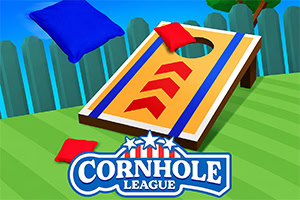 Tavola da cornhole in giardino con sacchetti colorati e logo Cornhole League in stile cartoon