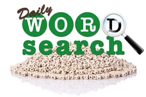 Logo verde Daily Word Search con lente dingrandimento e mucchio di lettere dellalfabeto