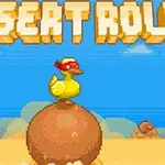 Pixel art di un papero giallo con un cappello rosso che rotola su una palla nel deserto, titolo DESERT ROLL