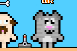 Personaggio in pixel art stile 8-bit con un gatto e joystick su sfondo azzurro