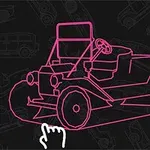 Disegno stilizzato rosa di unauto depoca su sfondo nero con icone di automobili