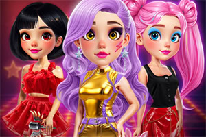 Tre ragazze in stile cartoon con capelli colorati e abiti alla moda posano su uno sfondo viola con luci scintillanti