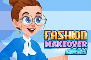 Donna sorridente con grandi occhiali e camicia blu accanto al logo Fashion Makeover Dash
