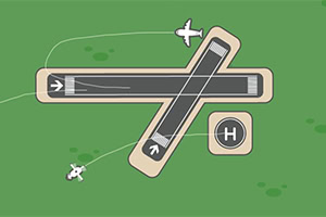 Pista di atterraggio a forma di X con elicottero e aeroplano su sfondo verde