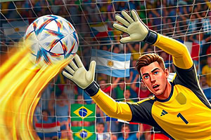 Portiere in maglia gialla para un pallone infuocato davanti a una rete con bandiere del Brasile