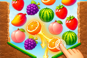 Frutti colorati su una griglia con angurie, uva, mele e arance, mentre una mano tocca una fetta d’arancia