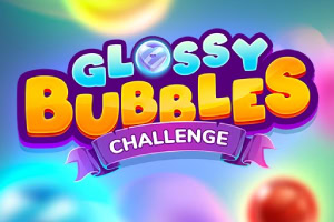 Logo colorato del gioco Glossy Bubbles Challenge con sfondo sfumato luminoso e bolle