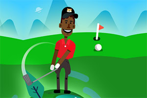Illustrazione di un giocatore di golf afroamericano su un campo erboso con montagne sullo sfondo