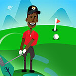 Illustrazione di un giocatore di golf afroamericano su un campo erboso con montagne sullo sfondo