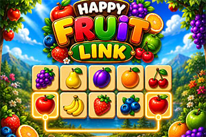 Logo colorato Happy Fruit Link con frutti vivaci e griglia di simboli su sfondo di giardino soleggiato
