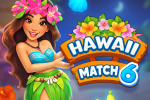 Donna in abito hawaiano con ghirlanda di fiori accanto al logo colorato Hawaii Match 6 su sfondo tropicale