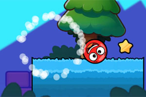 Pallina rossa con occhi che salta nel paesaggio di gioco con albero, montagne, e acqua