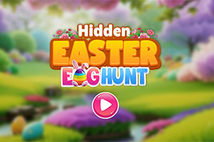 Schermata iniziale di un videogioco con grafica colorata catturante lambiente primaverile, dal titolo Hidden Easter Egg Hunt