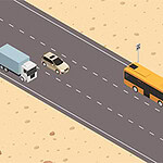 Highway Rush Autobus giallo e camion su una strada nel deserto