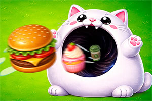 Gatto bianco paffuto con grande bocca aperta, hamburger e cupcake su sfondo verde