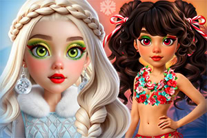 Due ragazze stilizzate con acconciature elaborate, una bionda in abito invernale e una mora con top floreale