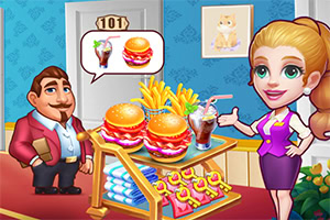 Donna sorridente accanto a un banco di hamburger e patatine con un uomo in attesa e un fumetto con ordine